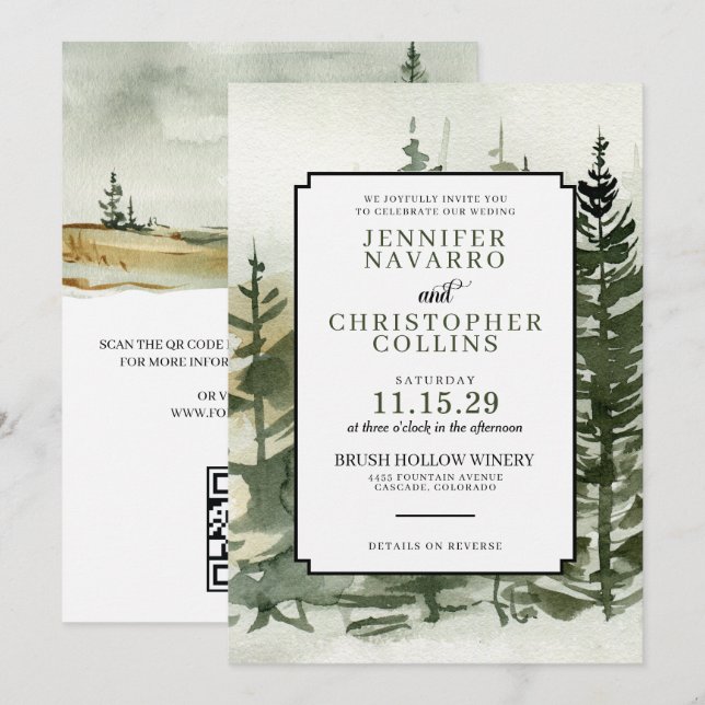 Watercolor Outdoorsy with QR Code Wedding Invitation (Front/Back)