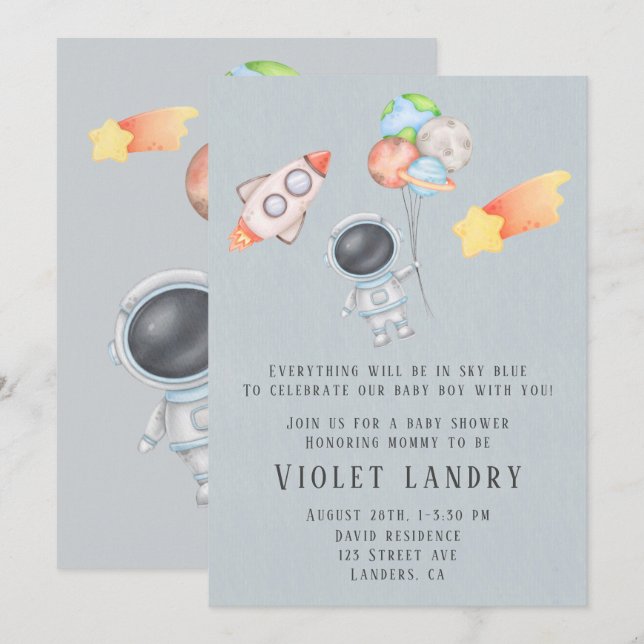 Watercolor Outer Space Astronaut Boy Baby Shower I Invitation (Front/Back)
