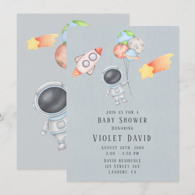 Watercolor Outer Space Astronaut Boy Baby Shower Invitation (Front/Back)