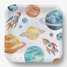 Watercolor Outer Space Birthday Party Plates