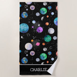Watercolor Outer Space Planets Personalised Galaxy Beach Towel