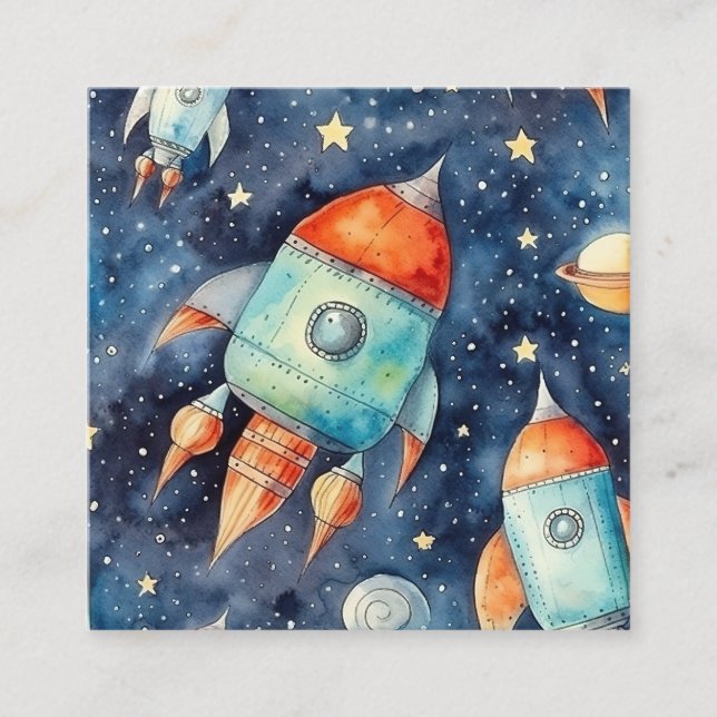 Watercolor Outer Space Seamless Pattern Square Business Card (Front)