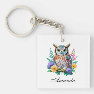 Watercolor Owl and Colourful Flowers Key Ring