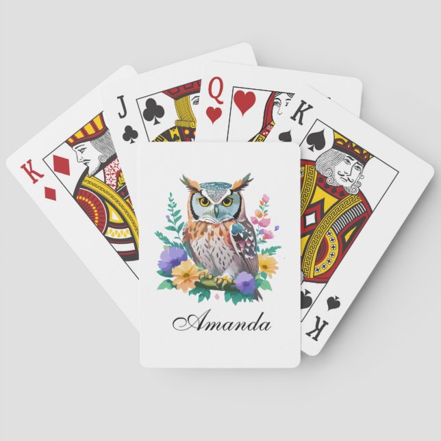 Watercolor Owl and Colourful Flowers Playing Cards (Back)