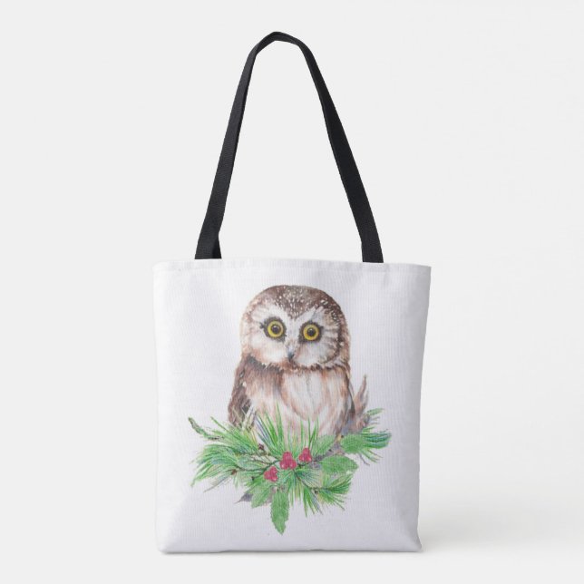 Watercolor Owl Bird Christmas  Nature art Tote Bag (Back)