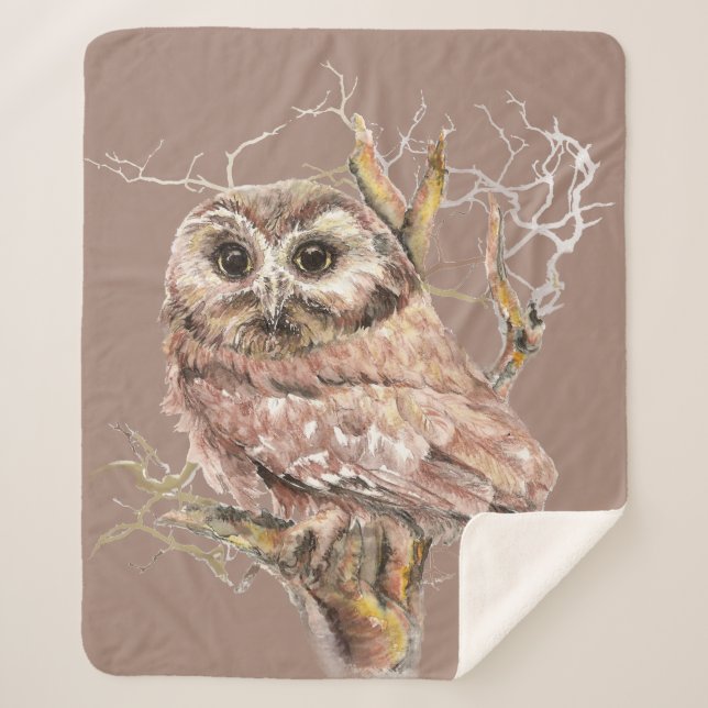 Watercolor Owl Bird Wildlife Art Sherpa Blanket (Front)