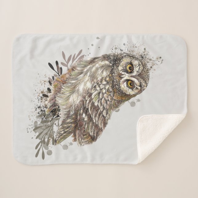 Watercolor Owl Bird Wildlife Nature Art  Sherpa Blanket (Front (Horizontal))
