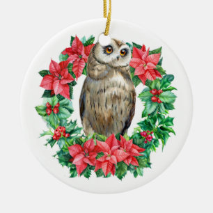 Watercolor Owl Botanical Wreath Christmas Photo Ceramic Tree Decoration