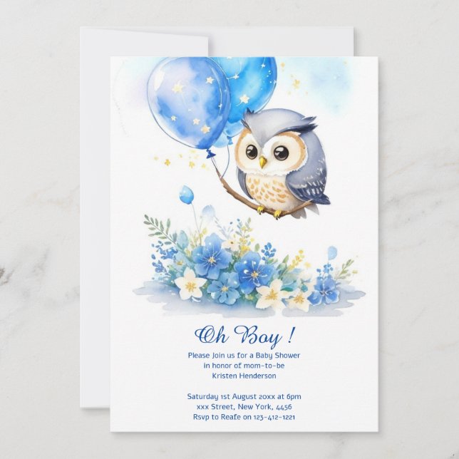 Watercolor Owl Boy Baby Shower Invitation (Front)