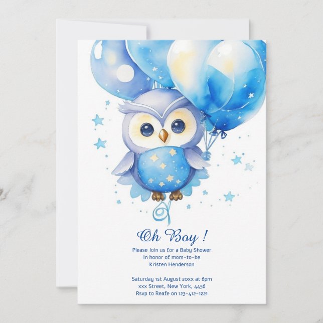 Watercolor Owl Boy Baby Shower Invitation (Front)