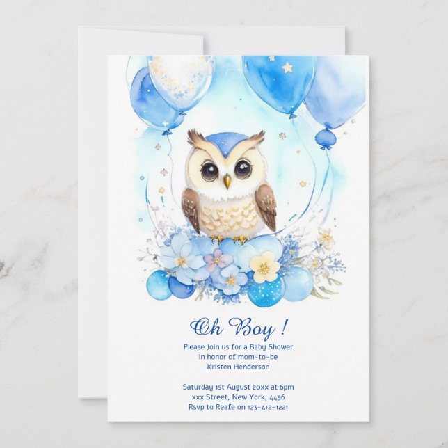 Watercolor Owl Boy Baby Shower Invitation (Front)