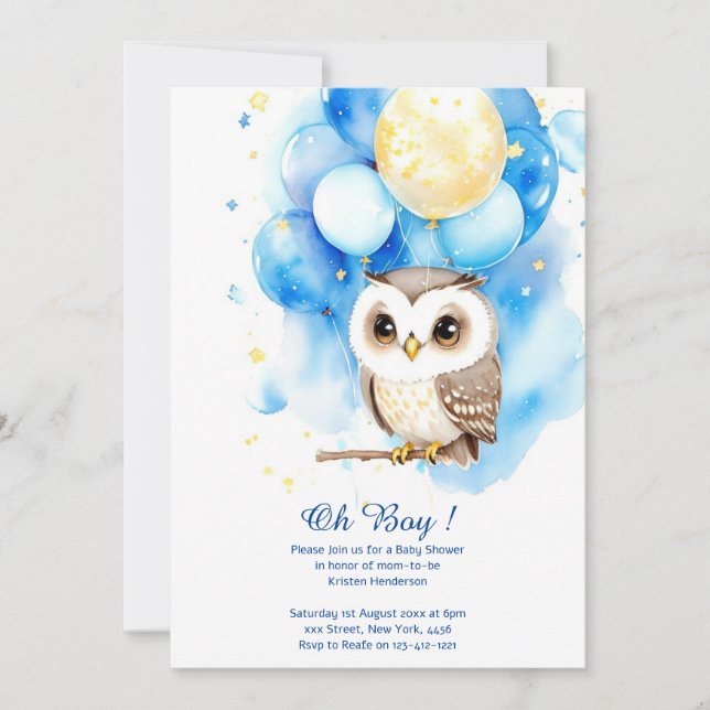 Watercolor Owl Boy Baby Shower Invitation (Front)