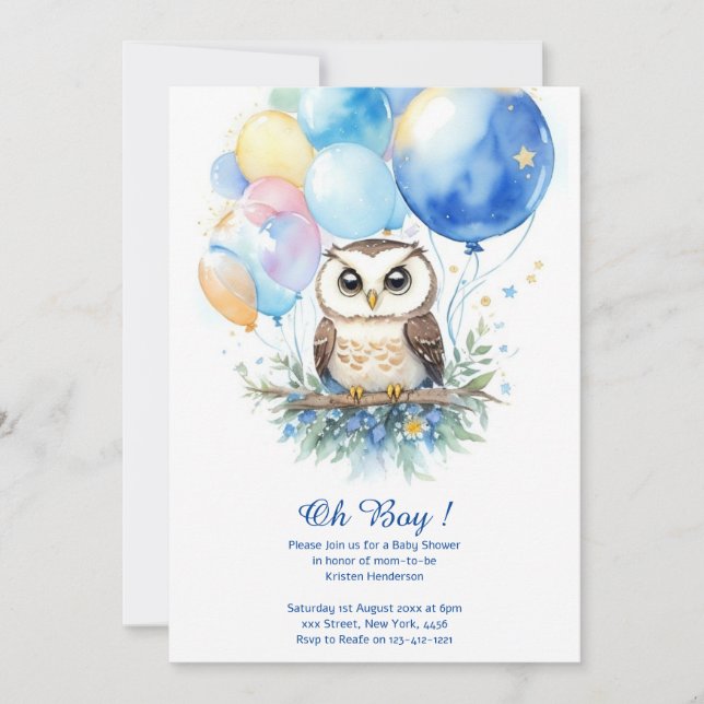 Watercolor Owl Boy Baby Shower Invitation (Front)