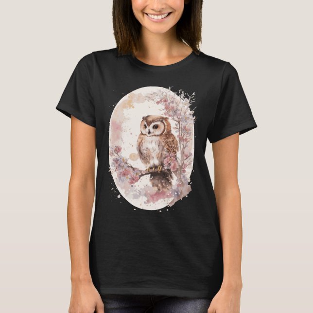 Watercolor Owl Cherry Blossom Japanese Sakura T-Shirt (Front)
