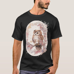 Watercolor Owl Cherry Blossom Japanese Sakura T-Shirt