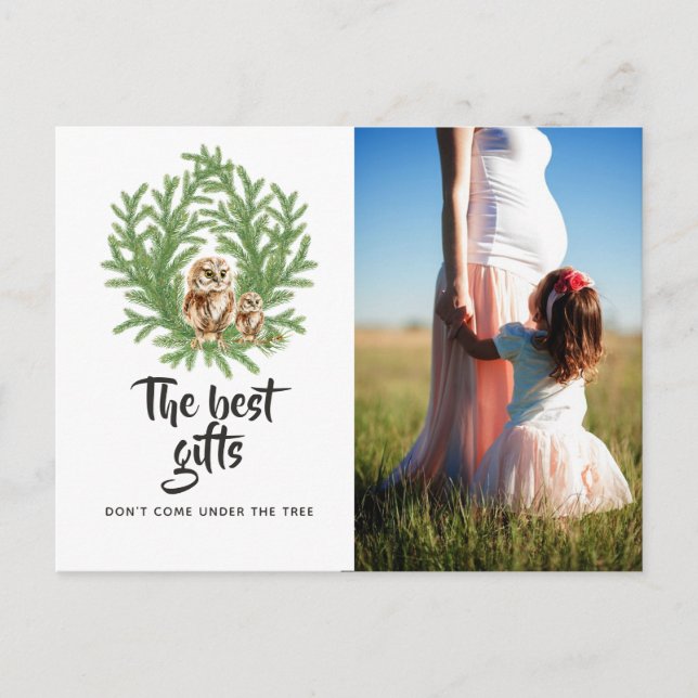 Watercolor Owl Christmas Baby Expecting Photo Announcement Postcard (Front)