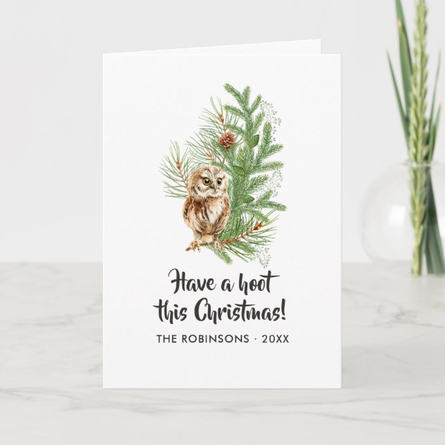 Watercolor Owl Christmas Family Photo Holiday Card (Front)