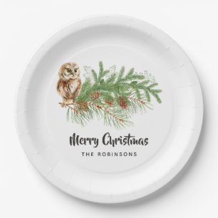 Watercolor Owl Christmas Party Paper Plate