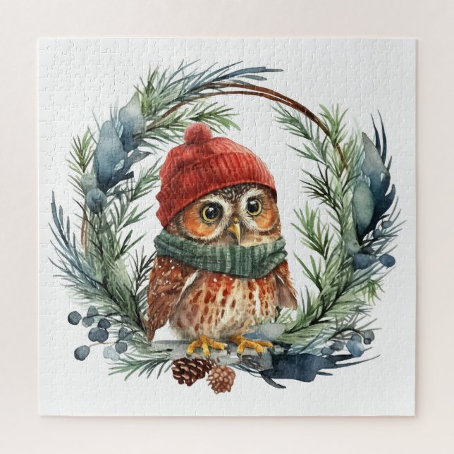 Watercolor Owl Cute Christmas Bird Jigsaw Puzzle (Vertical)