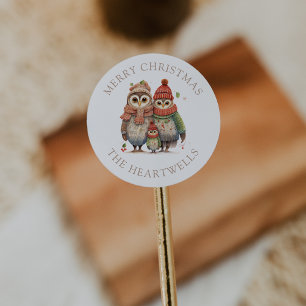Watercolor Owl Family Personalised Merry Christmas Classic Round Sticker
