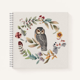 Watercolor Owl Floral Wreath Notebook