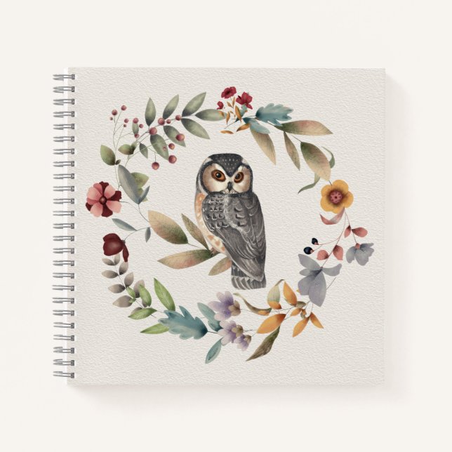 Watercolor Owl Floral Wreath Notebook (Front)