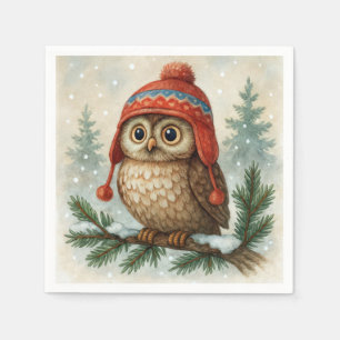 Watercolor Owl In a Winter Cap Napkin