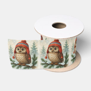 Watercolor Owl In a Winter Cap Satin Ribbon