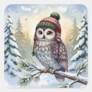 Watercolor Owl In a Winter Hat Square Sticker