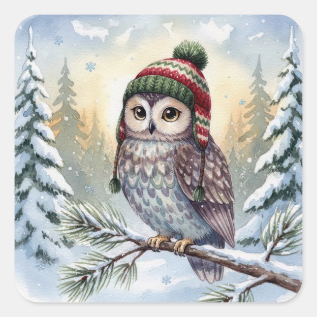 Watercolor Owl In a Winter Hat Square Sticker (Front)