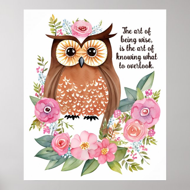 Watercolor Owl in Garden With Pretty Flowers Poster (Front)