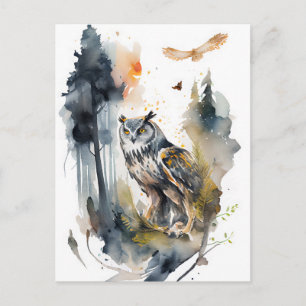 Watercolor Owl in the Forest Postcard