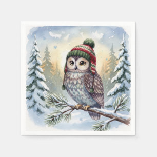 Watercolor Owl In Winter Hat Napkin