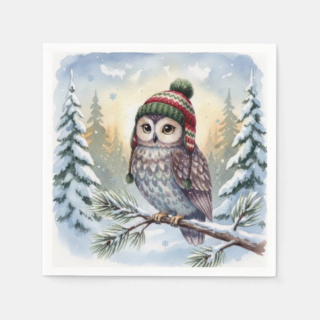 Watercolor Owl In Winter Hat Napkin (Front)
