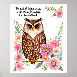 Watercolor Owl On Limb With Pretty Flowers Poster