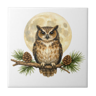 Watercolor Owl on Tree Branch and Full Moon Tile