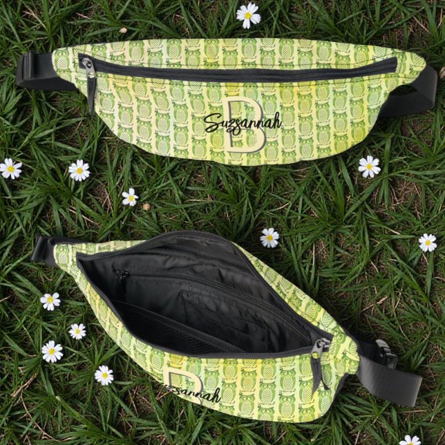Watercolor Owl Pattern with Initial Monogram Bum Bags (Owl pattern designed fFanny pack view inside, top and front)