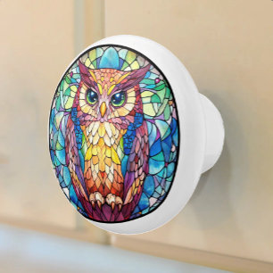 Watercolor Owl Stained Glass Ceramic Knob
