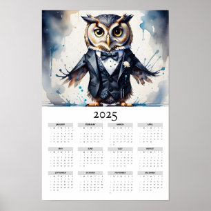 Watercolor Owl Wearing a Tuxedo 2025 Wall Calendar Poster