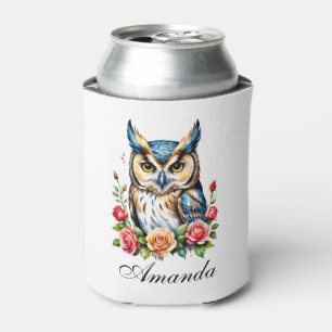 Watercolor Owl with Flowers Girly Can Cooler