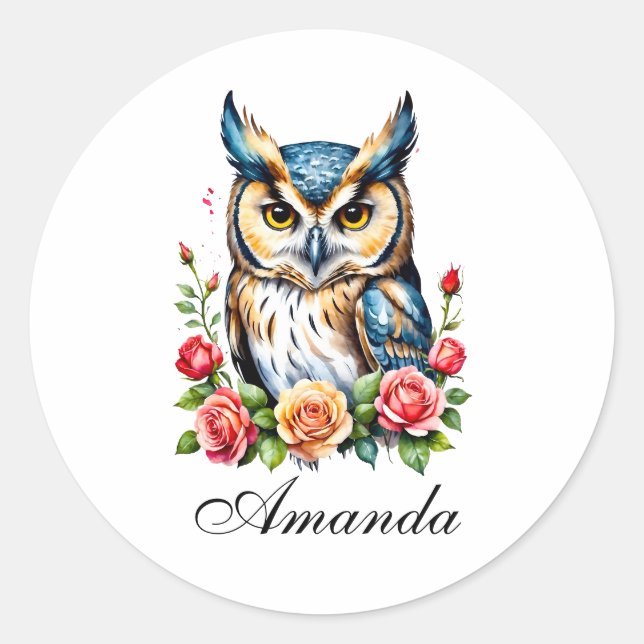 Watercolor Owl with Flowers Girly Classic Round Sticker (Front)