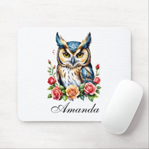 Watercolor Owl with Flowers Girly Mouse Mat