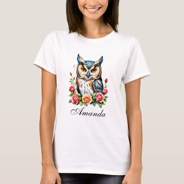 Watercolor Owl with Flowers Girly T-Shirt (Front)