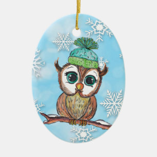 Watercolor Owl with Personalized Message on Back Ceramic Tree Decoration