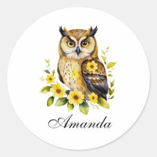 Watercolor Owl with Yellow Flowers Classic Round Sticker