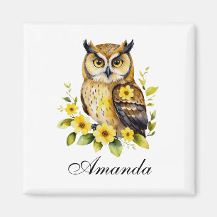 Watercolor Owl with Yellow Flowers Magnet