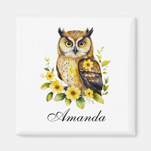 Watercolor Owl with Yellow Flowers Magnet (Front)