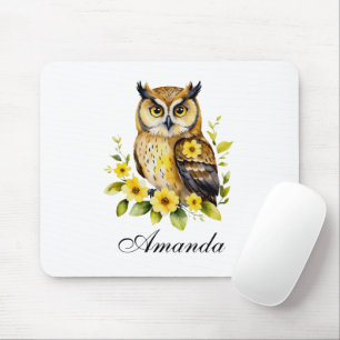 Watercolor Owl with Yellow Flowers Mouse Mat
