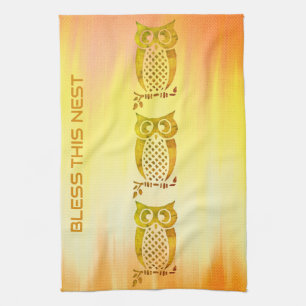 Watercolor Owls On a Colorful Background Tea Towel