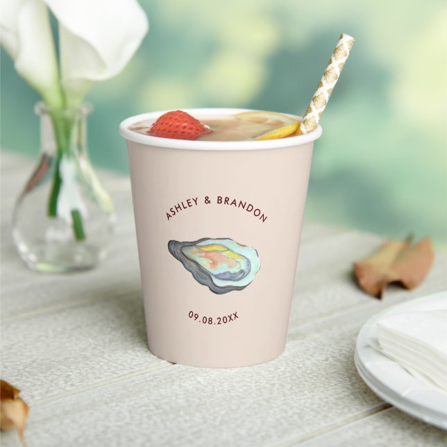 Watercolor Oyster Coastal Wedding Seaside Custom Paper Cups (Insitu)